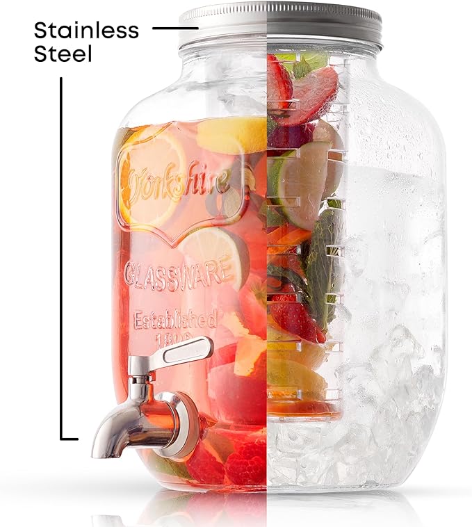 1-Gallon Drink Dispenser. Glass Beverage Dispenser with Stainless steel Spigot plus Ice Cylinder and Fruit Infuser! Water Dispenser, Lemonade Stand, Juice Container - Drink Dispensers for Parties - Image 7