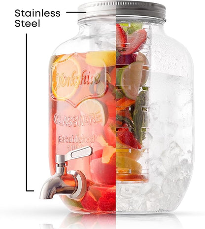 1-Gallon Drink Dispenser. Glass Beverage Dispenser with Stainless steel Spigot plus Ice Cylinder and Fruit Infuser! Water Dispenser, Lemonade Stand, Juice Container - Drink Dispensers for Parties - Image 7