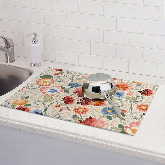 Mandala Flowers Dish Drying Mat 18x24 Inch, Microfiber Absorbent Fast Dry Mat Colorful Floral Large Dish Mat Drying Kitchen Mat, Kitchen Drying Pad for Kitchen Counter Coffee Bar Decor Gifts