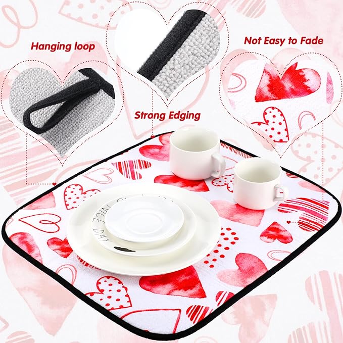 Breling Valentine's Day Dish Drying Mat Valentine Kitchen Dry Mat Absorbent Hearts Table Dishes Pad Red Pink Protect Tableware Kitchen Accessories for Home Decor, 16 x 18.4 Inches
