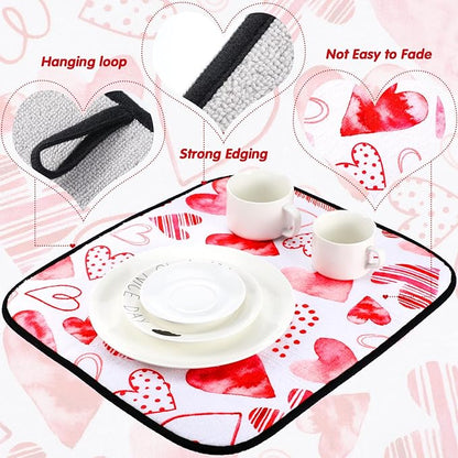 Breling Valentine's Day Dish Drying Mat Valentine Kitchen Dry Mat Absorbent Hearts Table Dishes Pad Red Pink Protect Tableware Kitchen Accessories for Home Decor, 16 x 18.4 Inches