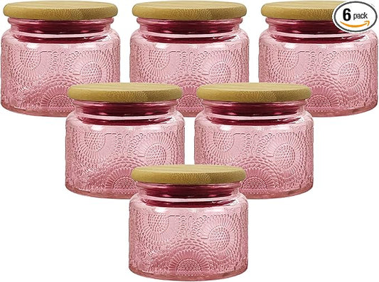 4 oz Pink Glass Jars with Airtight Bamboo Lids 6 pack, Decorative Small Food Storage Canister, Vintage Embossed Home Décor Candle Parties Wedding Baby Shower Favors Gift
