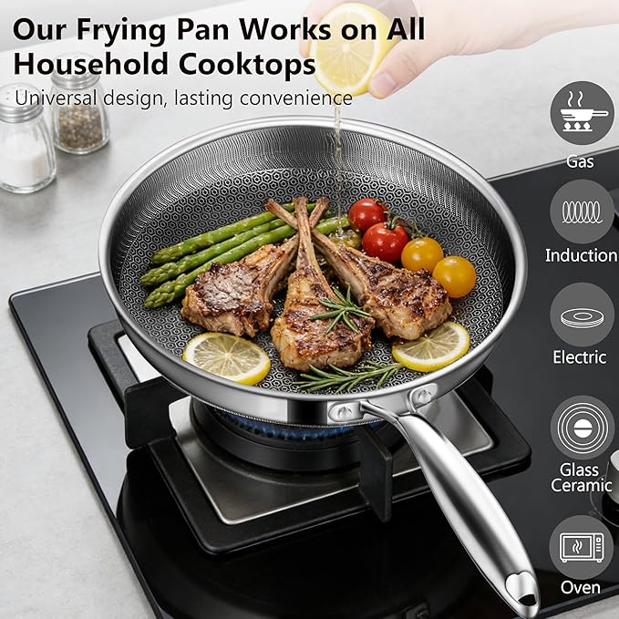 Non Stick Frying Pans, 12-inch with Lid, Hybrid Frying Pans Nonstick Stainless Steel Skillets, Dishwasher & Oven-Safe, Stay-Cool Handle, PFOA Free Cookware, Compatible with All Cooktops - Image 2