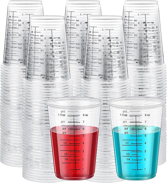Taeku Measuring Cups Plastic, 8 oz Disposable Clear Epoxy Cups for Resin Reusable Multipurpose Stain Paint Liquid Mixing Cups for Cooking Baking (Pack of 100)