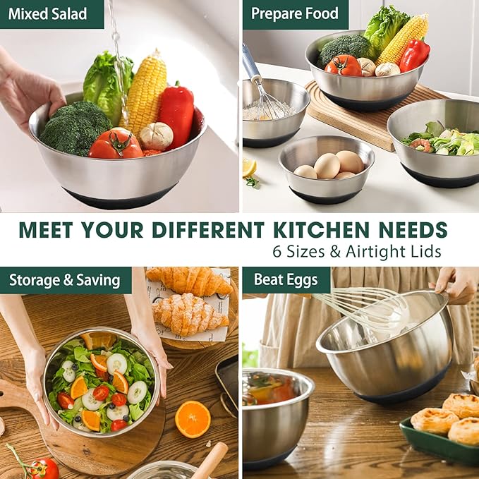 Umite Chef Mixing Bowls with Airtight Lids，6 piece Stainless Steel Metal Nesting Storage Bowls, Non-Slip Bottoms Size 7, 3.5, 2.5, 2.0,1.5, 1QT, Great for Mixing & Serving(Black) - Image 3