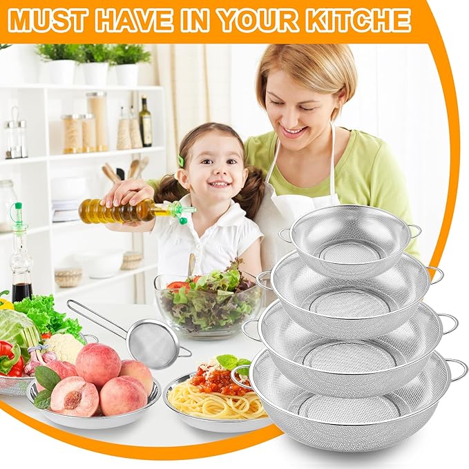 Colander Stainless Steel, 7 Piece Strainers and Colanders Set, Mesh Strainer Net Baskets with Handles, 2 Stainless Steel Plates and Fine Mesh Strainer for Kitchen Food Strain Drain Rinse Cooking - Image 7