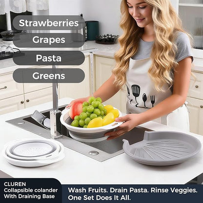 Collapsible Colander Set with Oversized Draining Tray | 3-Pack Foldable Kitchen Strainers + Base | Space Saving for Pasta, Veggies, Fruit & Rice | 5 Colors (Gray-White) - Image 4