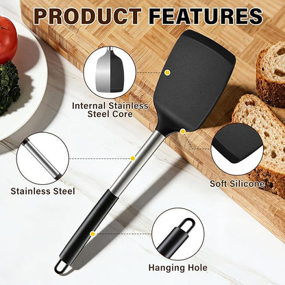 5Pcs Silicone Cooking Utensils Set, Heat Resistant Kitchen Tools Include Solid&Slotted Spatula, Cooking Spoon and Pasta Server, Silicone Kitchen Utensils set for Nonstick Cookware Flipping, Black - Image 3