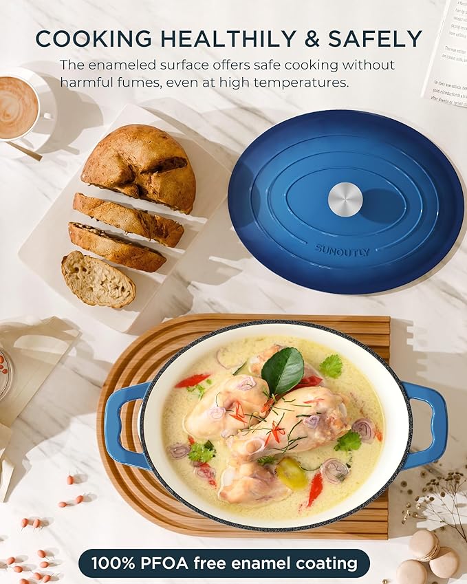 Enameled Cast Iron Dutch Oven - 9.3QT Dutch Oven Pot with Lid & Cotton Potholders - Heavy-Duty Non Stick Casserole Pot for Braising, Stews, Roasting, Baking, Suitable for All Stovetops, Navy Blue - Image 3