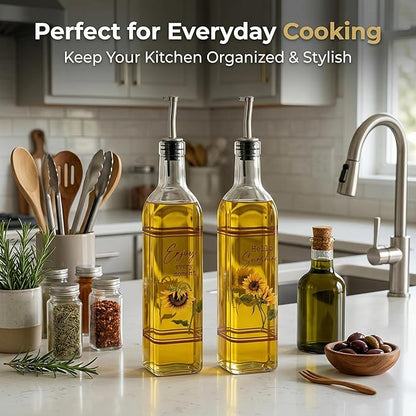 Topadorn 17 oz Olive Oil Dispenser Bottle Set for Kitchen, 2 Pcs Glass Oil Dispenser Bottle with Stainless Steel Pourers, 2 Packs of Napkins, Sunflower
