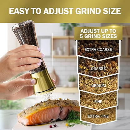 HOME EC Original Stainless Steel Salt or Pepper Grinder 1pk - Adjustable Ceramic Sea Salt Grinder or Pepper Mill - Tall Glass Spice Shaker - Spice Mill w/Ebook (Gold) - Image 3