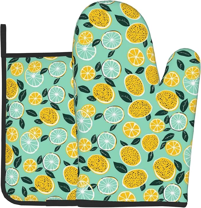 Lemon Pot Holders and Oven Mitts - Summer Teal Lime Refreshing Oven Glove Hot Pads for Kitchen Chef Gifts for Cooking Lover Cooks by DZGlobal