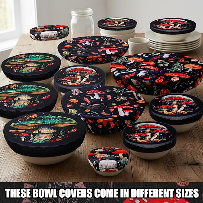 Patelai 10 Pcs Bowl Covers Reusable in 5 Size Stretch Cloth Fabric Elastic Food Storage Bowl Covers Bread Sourdough Lids for Proofing Food Fruits Leftover(Deep Color,Mushroom Style) - Image 6