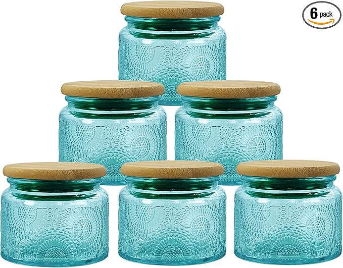 4 oz Blue Mini Glass Jars with Airtight Bamboo Lids 6 pack, Decorative Small Food Storage Canister, Vintage Embossed Home Décor Candle Parties Wedding Baby Shower Favors Gift