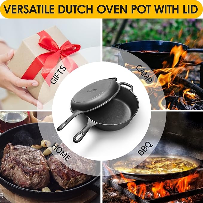 EDGING CASTING 2-in-1 Pre-Seasoned Cast Iron Dutch Oven Pot with Skillet Lid Set, 10" Skillet 3QT Pot for Cooking, Baking, Frying and Camping - Image 7