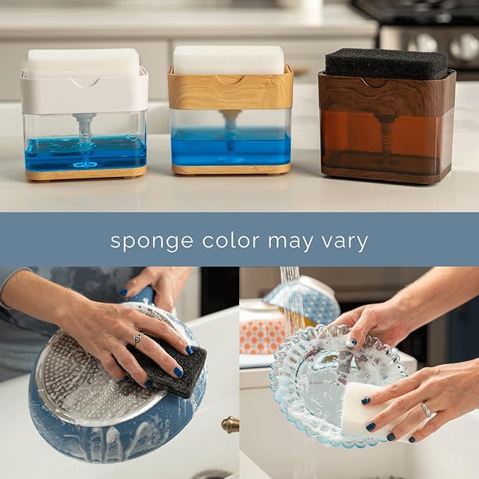 S&T INC. Dish Soap Dispenser and Sponge Holder for Kitchen Sink, Waterproof Labels and Sponge Included, 13 Ounces, Plastic, Bamboo - Image 6