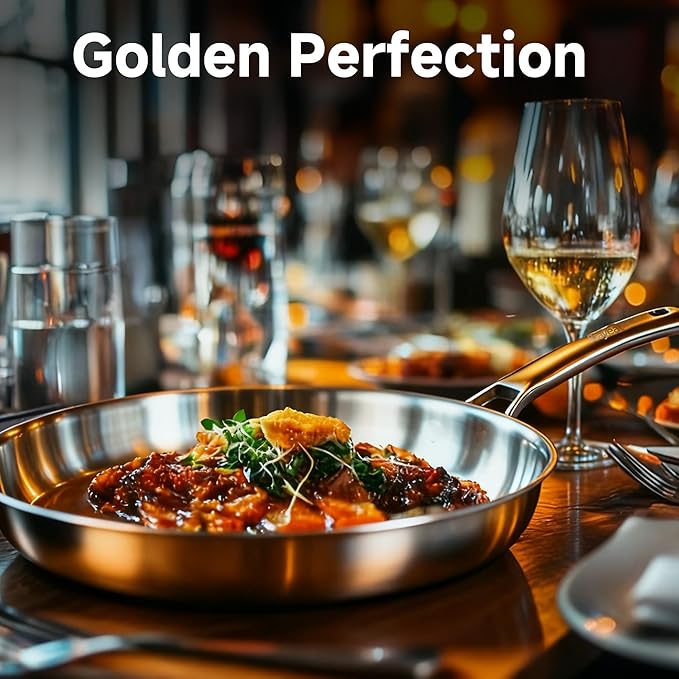12 Inch Stainless Steel Pan with Lid & Kitchen Tongs, 3-Ply Stainless Steel Frying Pan, Induction Compatible Skillet with Even Heat for Searing, PFOA-FREE, SGS-Certificated