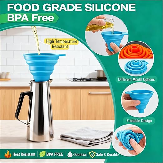 3PCS Silicone Funnel Set, Flexible Rubber Kitchen Funnels for Filling Bottles, Small Medium Large Food Grade Funnel for Essential Oils, Spices, Powder, Cooking, Liquid, Perfume, Flask - Image 6
