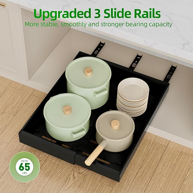 PAKETA 4 Pack Expandable Pull Out Cabinet Organizer, 21'' Deep Pull Out Drawers for Cabinet, Upgrade 3 Slide Rails Sliding Drawers for Cabinets with Adhesive Nano Film (Black, 21"D X 9-14"W) - Image 7