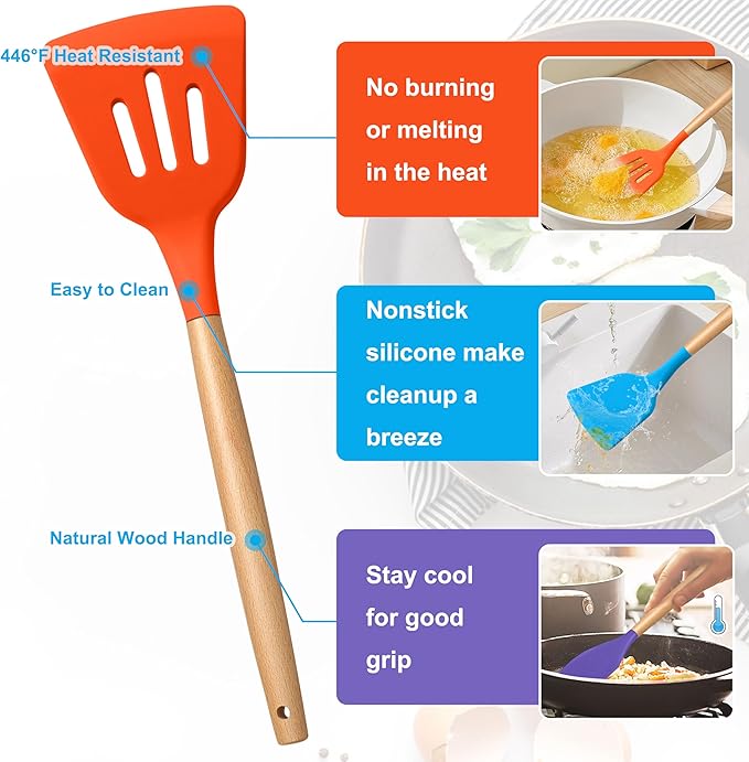 E-far Silicone Cooking Utensils Set, 5-Piece Kitchen Utensils Set with Wooden Handle for Cooking, Silicone Kitchen Nonstick Tools Spatula Turner Slotted Spoons, Nontoxic & Heat Resistant-Colorful - Image 3