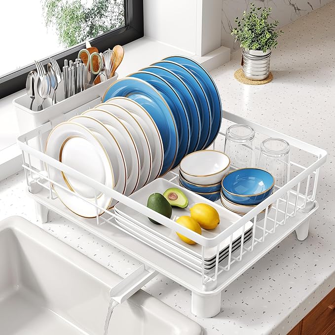 SNTD Dish Drying Rack - Small Dish Rack for Kitchen Counter, Stainless Steel Dish Drainer with Utensil Holder and Drainboard, 11" W x 15" L (White) by SNTD