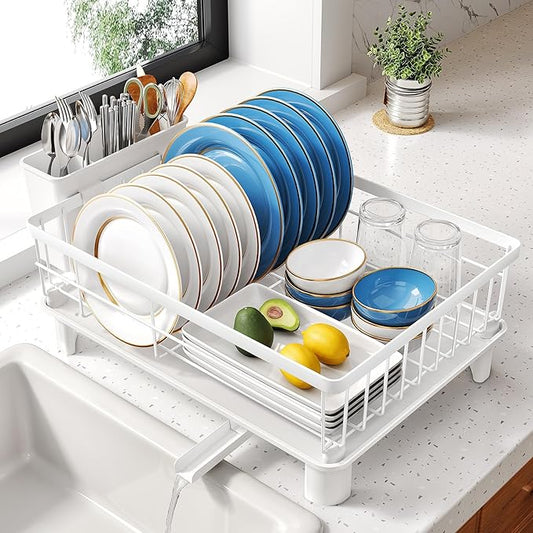 SNTD Dish Drying Rack - Small Dish Rack for Kitchen Counter, Stainless Steel Dish Drainer with Utensil Holder and Drainboard, 11" W x 15" L (White) by SNTD