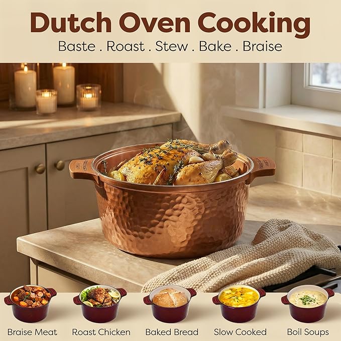 Gotham Steel Hammered 5 Qt Lightweight Dutch Oven Pot with Lid & Holders, Ceramic Non Toxic, Oven Safe & Even Heat Retaining Dutch Oven for Bread Baking Sourdough, Soup, 70% Lighter than Cast Iron - Image 10
