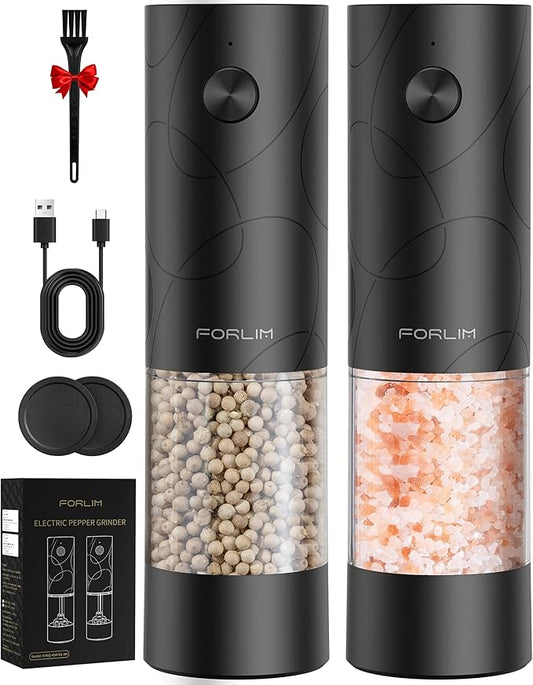 FORLIM Electric Salt and Pepper Grinder Set, USB Rechargeable, Automatic Salt Pepper Mill Grinder with Dust Cover, One-Button Control, Adjustable Coarseness, White LED Light (2 Packs, Black) by FORLIM