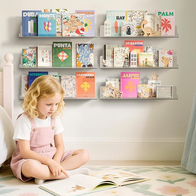upsimples 6 Pack Acrylic Shelves for Wall Storage, 15" x 4“ Floating Bookshelves for Kids, Display Shelf Organizer for Bathroom, Bedroom, Living Room, Kitchen, Room Decor, Clear - Image 2