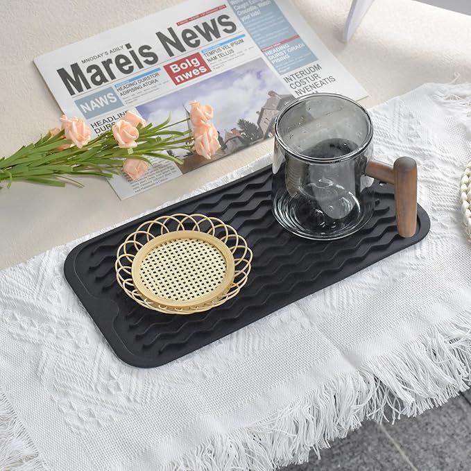 Silicone Dish Drying Mat, Non-Slip Easy Clean Sink Mat Large Heat-resistant Dish Drainer Mat for Kitchen Counter, Sink, Refrigerator or Drawer liner (12" x 6", BLACK) - Image 5