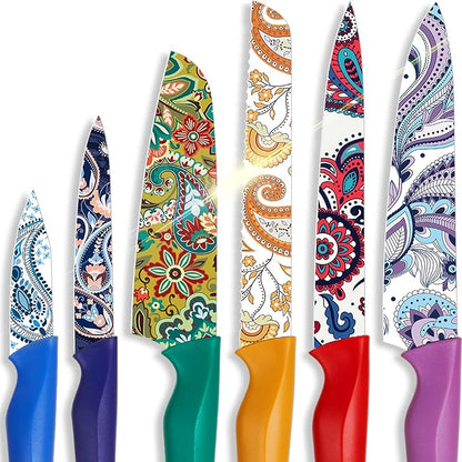 Astercook Paisley Pattern Knife Set with Cover, Dishwasher Safe Colorful Knives with 6 Knife Sheath, German Stainless Steel Rainbow Knife Set by Astercook