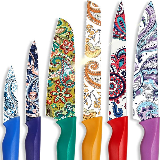 Astercook Paisley Pattern Knife Set with Cover, Dishwasher Safe Colorful Knives with 6 Knife Sheath, German Stainless Steel Rainbow Knife Set by Astercook