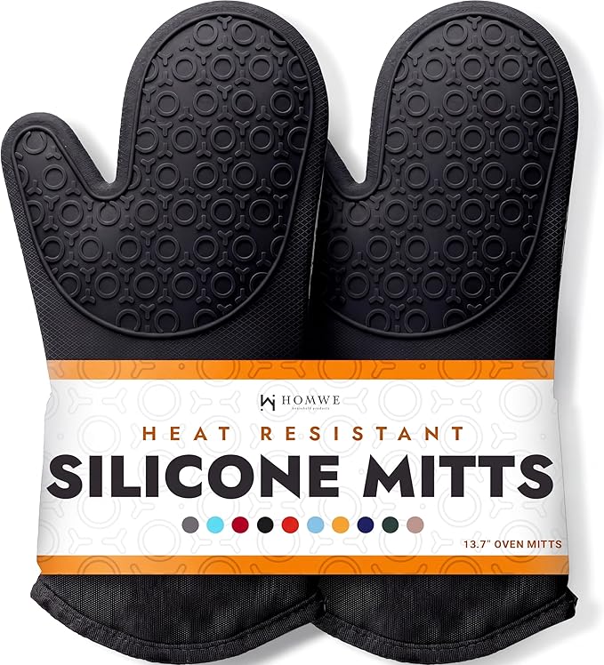 BPA-Free Silicone Oven Mitts Ultra Heat Resistant up to 500°F - Oven Mitts with Thick Cotton Liner - Long Slip Resistant Pot Holders, Flexible Oven Gloves - Black 13.7" by HOMWE