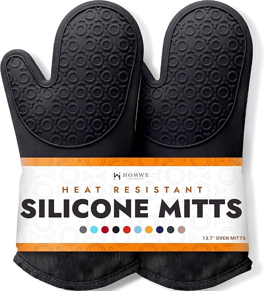 BPA-Free Silicone Oven Mitts Ultra Heat Resistant up to 500°F - Oven Mitts with Thick Cotton Liner - Long Slip Resistant Pot Holders, Flexible Oven Gloves - Black 13.7" by HOMWE
