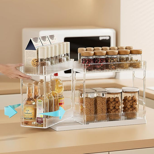 Mustorn Pull Out Spice Rack Organizer for Cabinet, Rotatable 2 Tier Slide Out Seasoning Organizer and Storage Adhesive Vertical Spice Rack Shelf Pullout for Kitchen Cabinets(2 Drawer, Acrylic) by MUSTORN