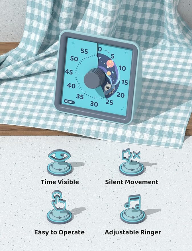 LIORQUE 60 Minute Visual Timer for Kids, Visual Countdown Timer for Classroom Office Kitchen with 'Space Ship' Pattern Design, Pomodoro Timer with Silent Operation (Batteries Included) - Image 4