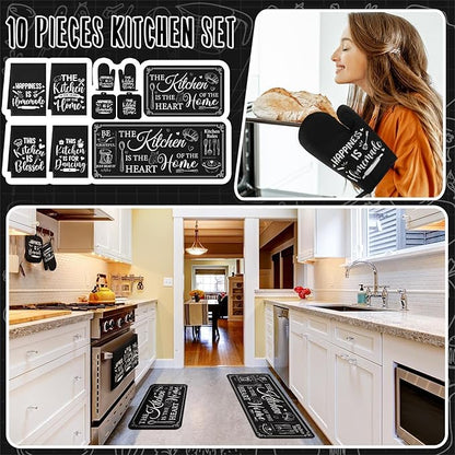 Fourluoo 10 Pcs Farmhouse Kitchen Decor and Accessories Set 4 Kitchen Towels 2 Pot Holders 2 Oven Mitts 2 Rugs for Cooking Baking Mom Housewarming Gifts(Black,Classic Style) - Image 2