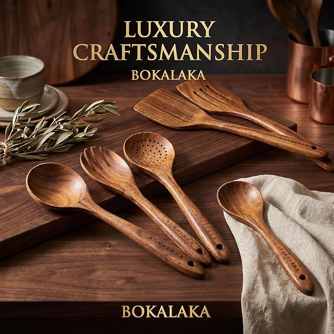Wooden Spoons for Cooking,10 Pcs Natural Teak Wooden Kitchen Utensils Set Wooden Utensils for Cooking Wooden Cooking Utensils Wooden Spatulas for Cooking (10) - Image 6