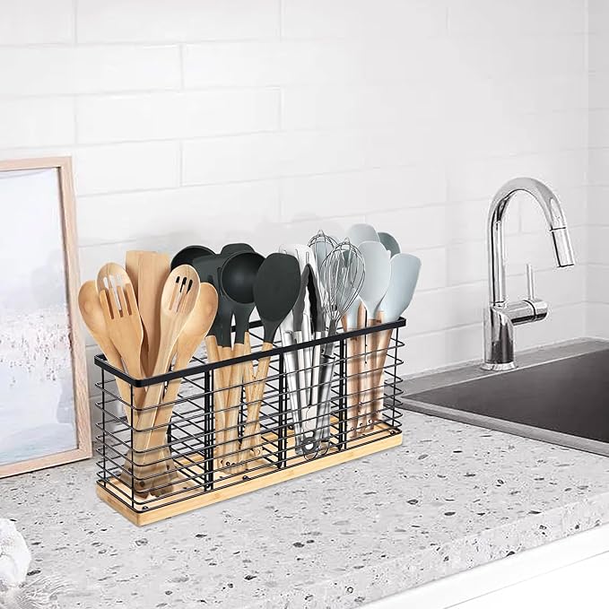 Suli Extra Large Kitchen Utensil Holder Countertop with 4 Compartments,Matte Black Metal holder with Wooden Base for Countertop,Farmhouse Utensil Organizer for counter,Rustic Cooking Utensil Organizer - Image 9