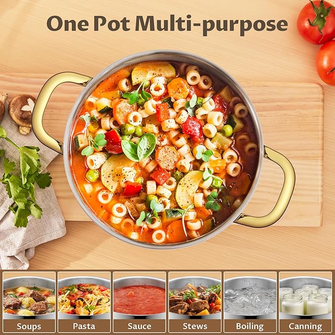 BEZIA 12 Quart Stainless Steel Stock Pot with Lid, 0-Coating Large Soup Pot for Family Gatherings, Tri-ply Even Heat for Holiday Feasts, Batch Cooking & Canning - Image 6
