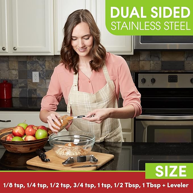 Spring Chef Stainless Steel Magnetic Measuring Spoons Set of 8 with Leveler, Dual Sided Metal Teaspoon & Tablespoon Measuring Spoons, Nesting Kitchen Gadgets for Baking & Cooking - 2 Pack - Black - Image 3