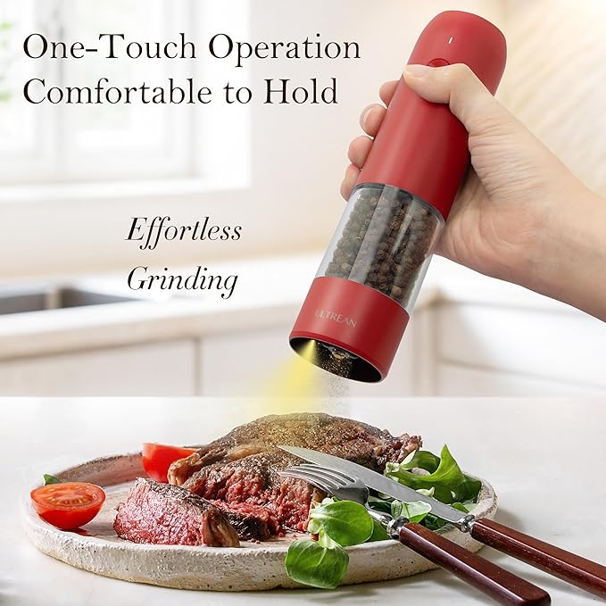 Ultrean Pepper Grinder, Rechargeable Salt and Pepper Grinder with 6 Adjustable Coarseness, LED Light, Automatic Salt and Pepper Shakers, Cooking Gifts Valentines Day Gifts for Women, Crimson Red - Image 2