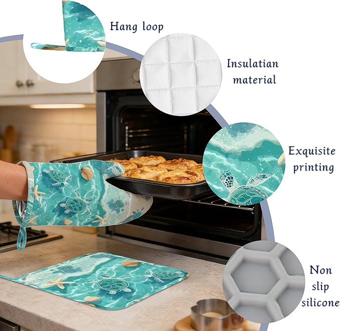 Beach Starfish Sea Turtle Oven Mitts and Pot Holders Sets of 4 Coastal Shell Heat Resistant Silicone Oven Mits Gloves Non-Slip Kitchen Mittens Potholders for Cooking Baking Grilling BBQ