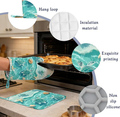 Beach Starfish Sea Turtle Oven Mitts and Pot Holders Sets of 4 Coastal Shell Heat Resistant Silicone Oven Mits Gloves Non-Slip Kitchen Mittens Potholders for Cooking Baking Grilling BBQ