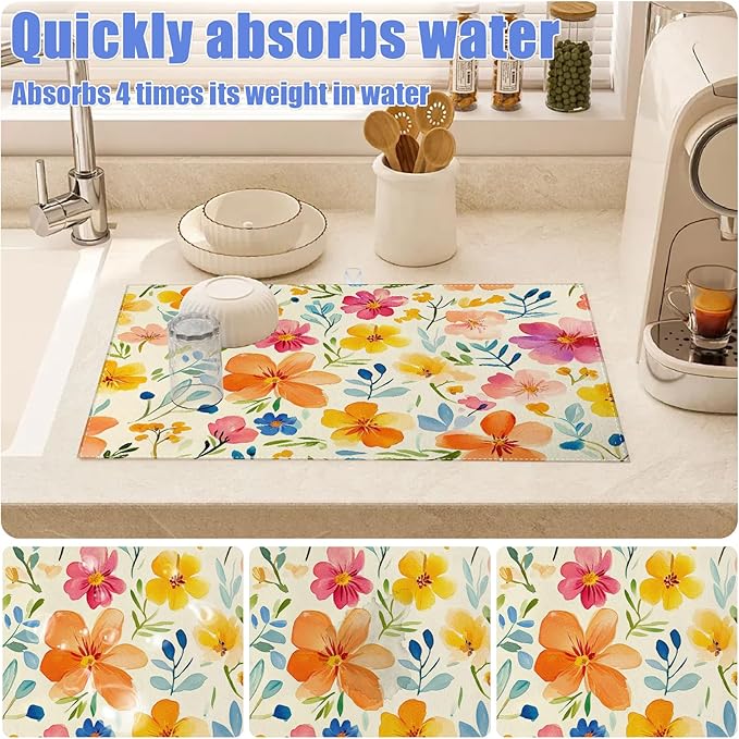 Colorful Flower Dish Drying Mat for Kitchen Counter Spring Floral Drying Pad Absorbent Reversible Dish Drainer Rack Mats Draining Pad 18"x24"Inch