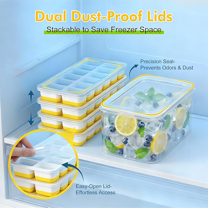 NFK Ice Cube Tray with Lid & Bin - 4 Pack 48 Cubes Stackable Silicone Trays for Freezer with Storage Container, Leak-Proof Lids, BPA-Free, Easy Release for Kitchen, RV, Party, Cocktail & Coffee - Image 4