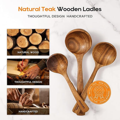 Wooden Ladle for Soup, 3 Size Teak Wood Ladle Spoon with Back Hooks, Heat Resistant Wooden Spoons for Cooking, Non-Stick, Comfortable Grip, Wood Kitchen Utensils Set for Serving, Stirring - Image 4