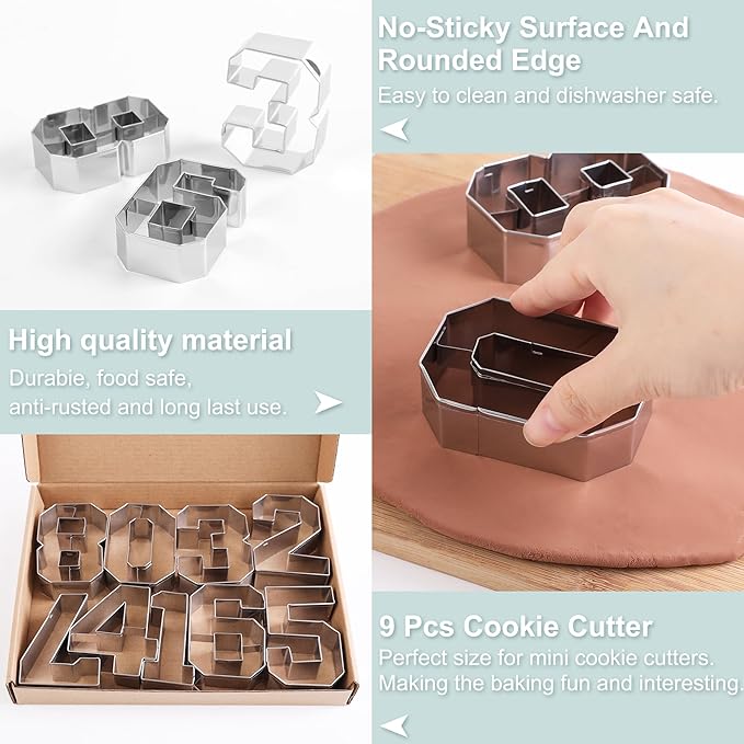 Number Cookie Cutters Set 3 Inch, 9 Pcs Stainless Steel Numbers Cutter Set Fondant Biscuit Fruit Dough Mold for Fruit Vegetable Sandwich Birthday Christmas and Holiday Party (Angular Number）