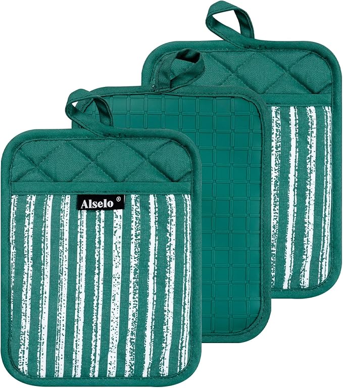 Alselo Silicone Pot Holders Set of 3 Heat Resistant & Non Slip Potholders, Professional Oven Hot Pads with Pockets Mitts for Kitchen Cooking Baking Barbecue (Emerald Green, 3) by Alselo-Enjoyahealthylife