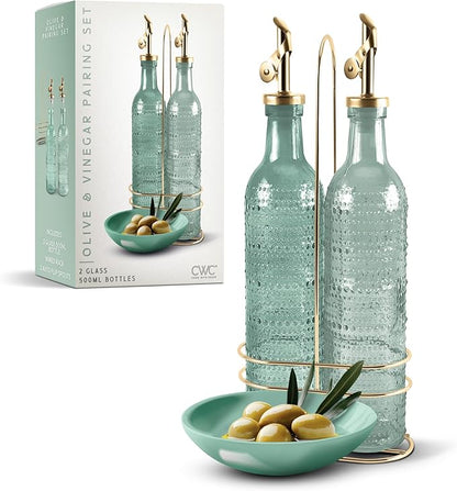 COOK WITH COLOR Glass Olive Oil Bottle Dispenser - 2 Pack- 17oz Oil and Vinegar Cruet - Olive Oil Carafe Decanter for Kitchen, Champagne Bubbles, Green by CookwithColor